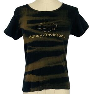 ⭐ 3/$15 Harley Davidson Cotton Black Brown Rhinestone Tee